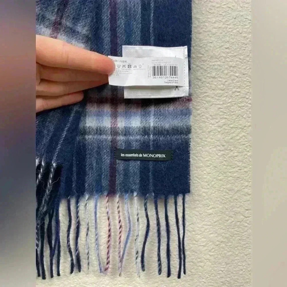 MONOPRIX Unisex One Size 100% Wool Fringe Scarf Blue Plaid Minimalist Essentials - Picture 5 of 13